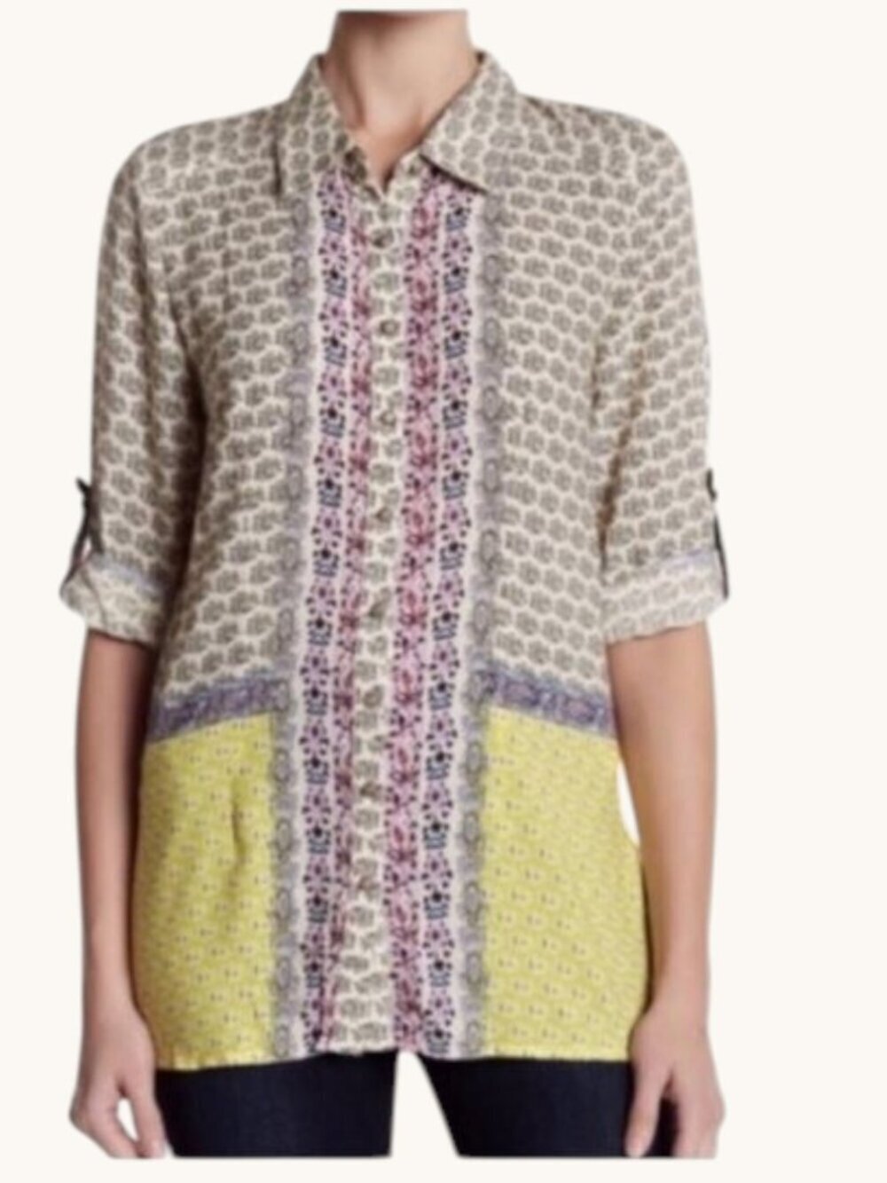 Aratta Silent Journey Women's Button Up Shirt Embroidered Floral Tunic Med EUC